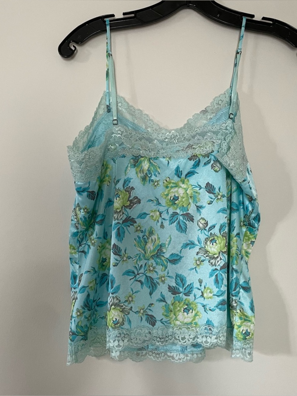 Vintage Blue Floral Silky Satin Lace Trim Cami Top Large Coquette Babydoll - Picture 2 of 8